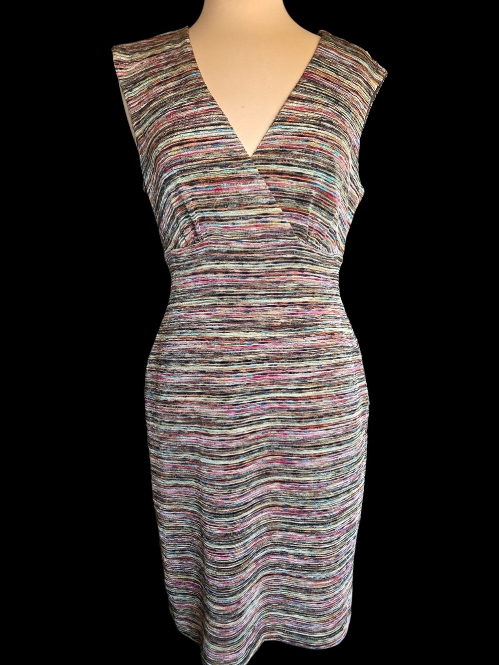 connected apparel Multicolor Striped V-Neck Fitted Midi Dress Sz 14